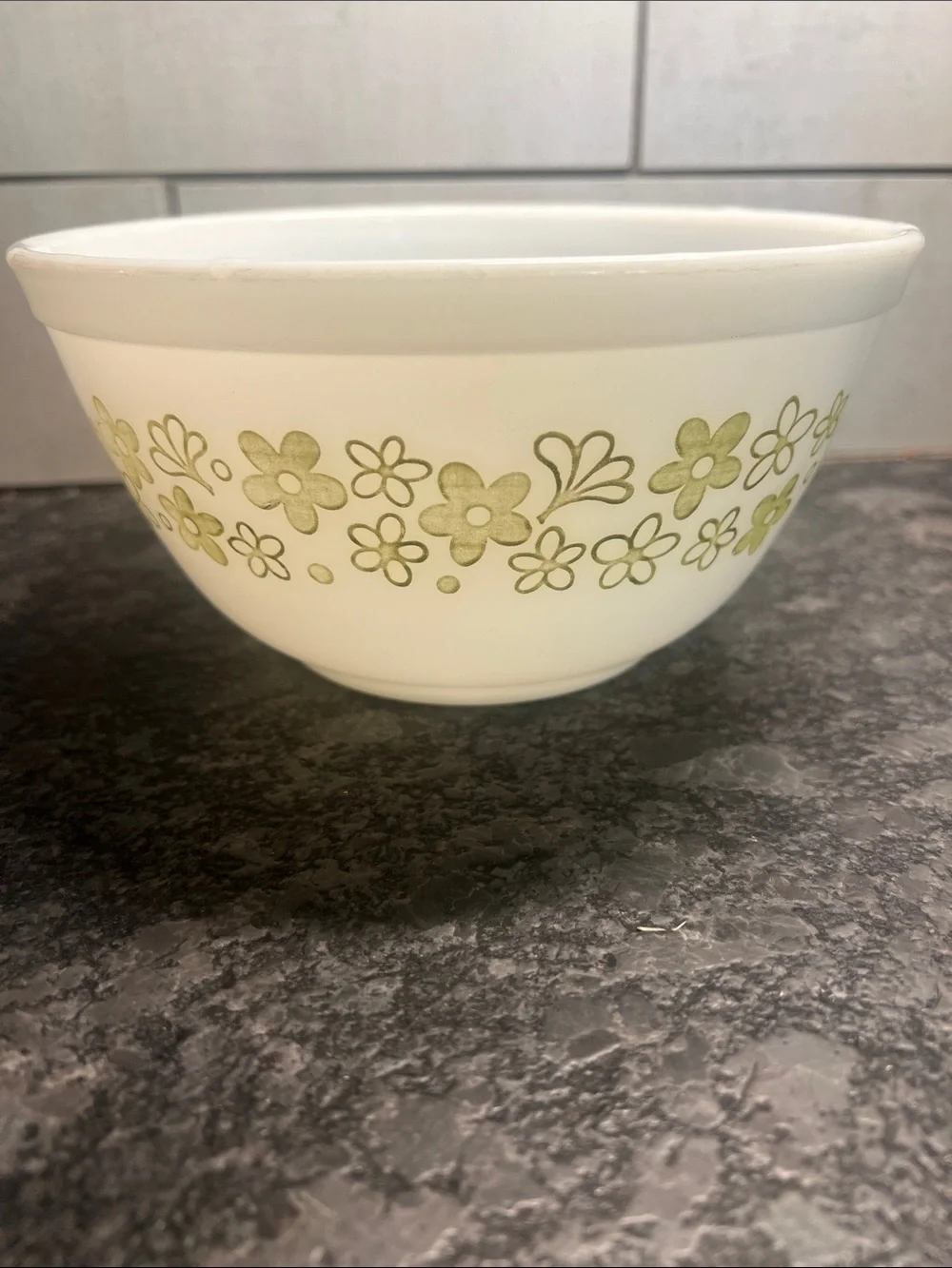 Vintage #402 Pyrex White Mixing Bowl with Olive Green Floral Band